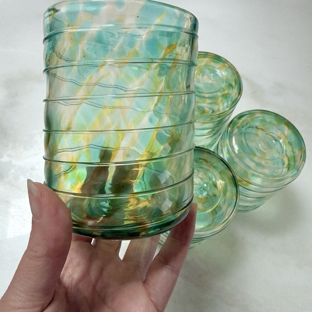 Set (4) VTG Signed David Lindsay 2002 Art Glass Tumblers Seafoam & Gold Torcello - Picture 8 of 12